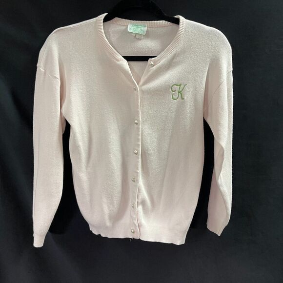 Vtg Julius Berger Girls Sweater Pale Pink Monogrammed with K Size M 10/12 - Picture 1 of 6
